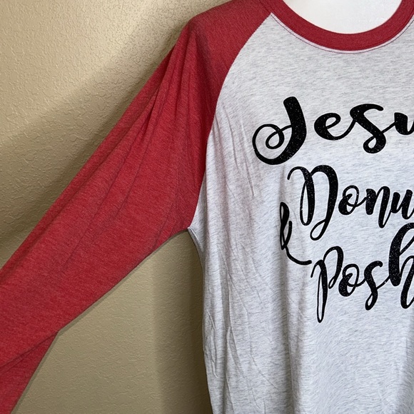 JESUS POSH & DONUTS HEATHER GRAY WITH RED SLEEVES RAGLAN TEE SHIRT TOP SPARKLE - Picture 4 of 9